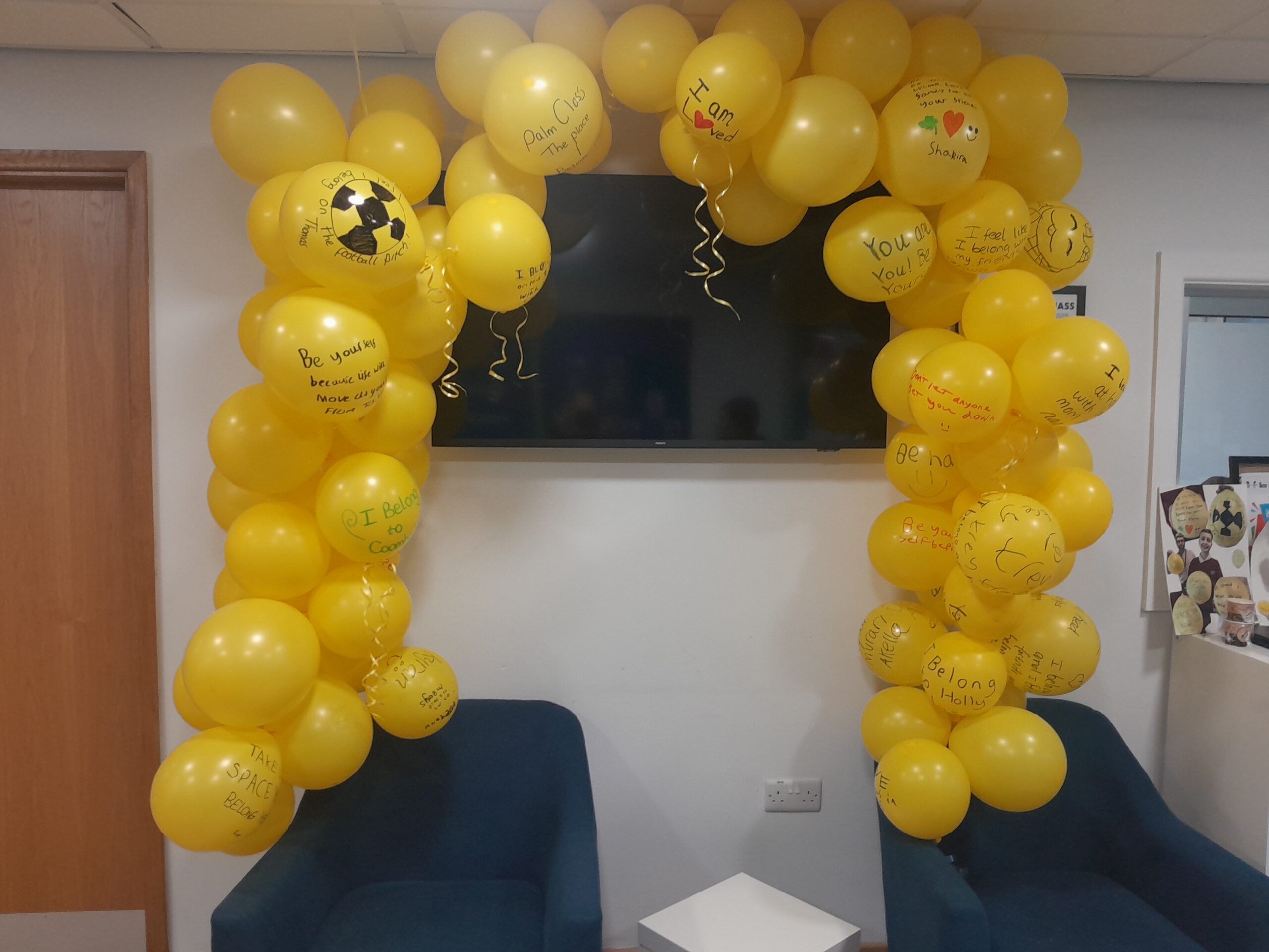 Coombswood School learners create a positive ‘belonging’ balloon display for Children’s Mental Health Week.